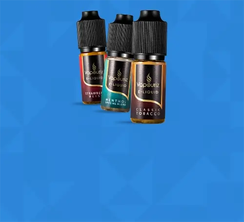 Vapouriz Premium range of e-liquid on a blue patterned background