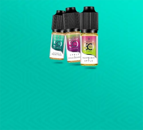 Vapouriz 5050 e-liquid range on an aqua green background