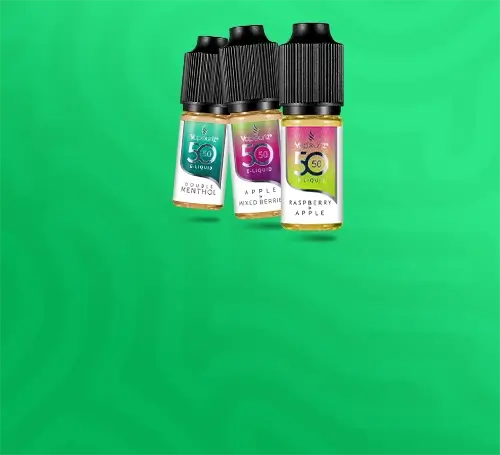 Vapouriz 50/50 e-liquid on a fresh green graduated background