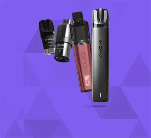 Avomi CLIQ and PRO pod kits and pods on a purple and magenta background with geometric triangle patterns.