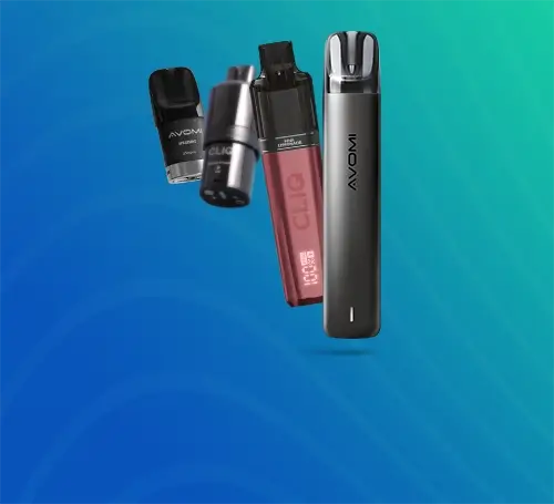 Avomi CLIQ and PRO pod kits and pods on an aqua green background
