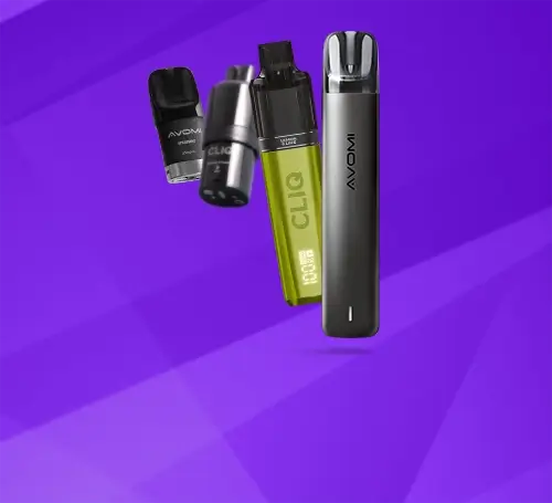 Avomi CLIQ and PRO pod kits and pods  on a purple patterned background