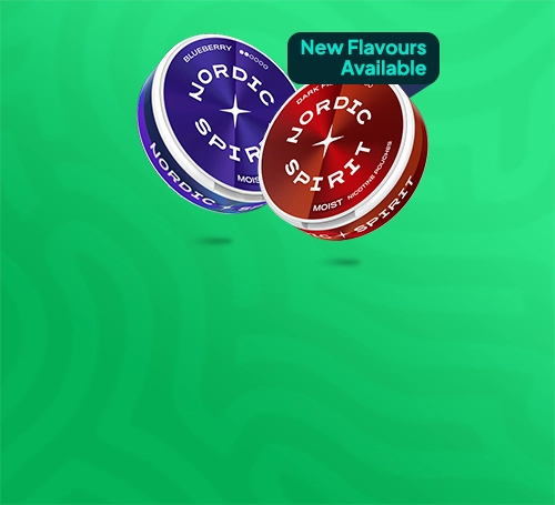 Nordic Spirit nicotine pouches on a fresh green graduated background - new flavours available 