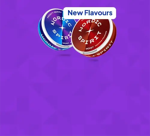 New flavour nordic spirit nicotine pouches arranged on a purple background