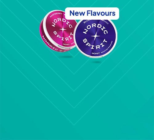 New flavour nordic spirit nic pouch cans arranged on an aqua background