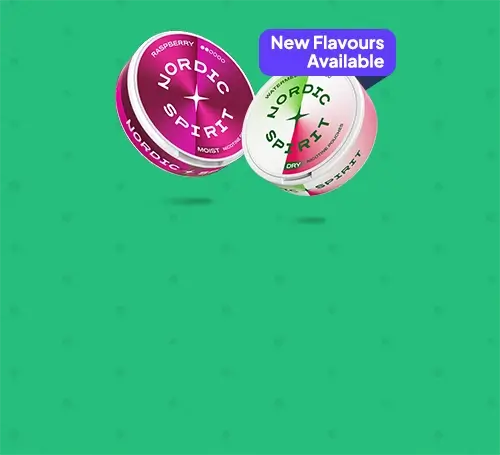Nordic Spirit nicotine pouches on a green background - new flavours available