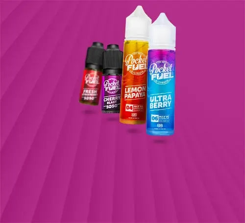 Pocket Fuel range of e-liquid on a pink background