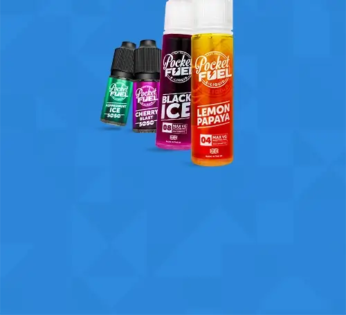 Pocket Fuel range of e-liquids on a blue patterned background