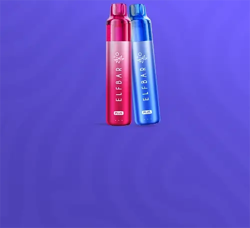 2 Elf Bar Plus 12 pod kits arranged on a purple rippled background