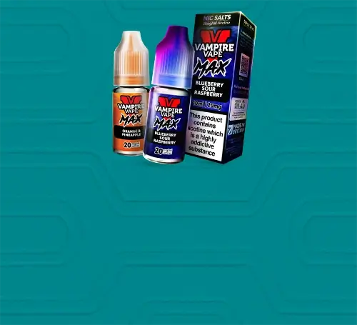 2 Vampire Vape Max nic salts on an aqua green patterned background